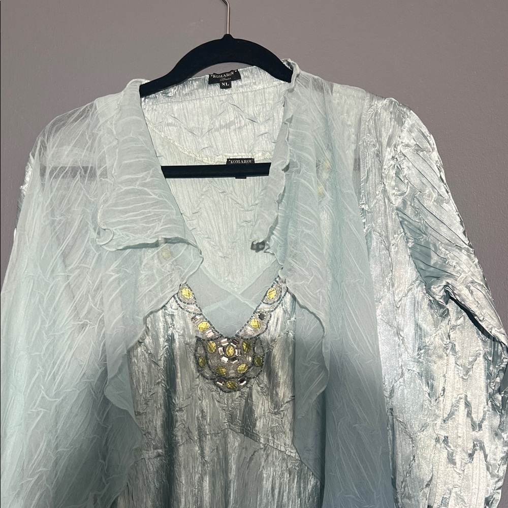 Komarov Light blue Green satin & Chiffon Midi Dress with Jacket - Picture 2 of 7